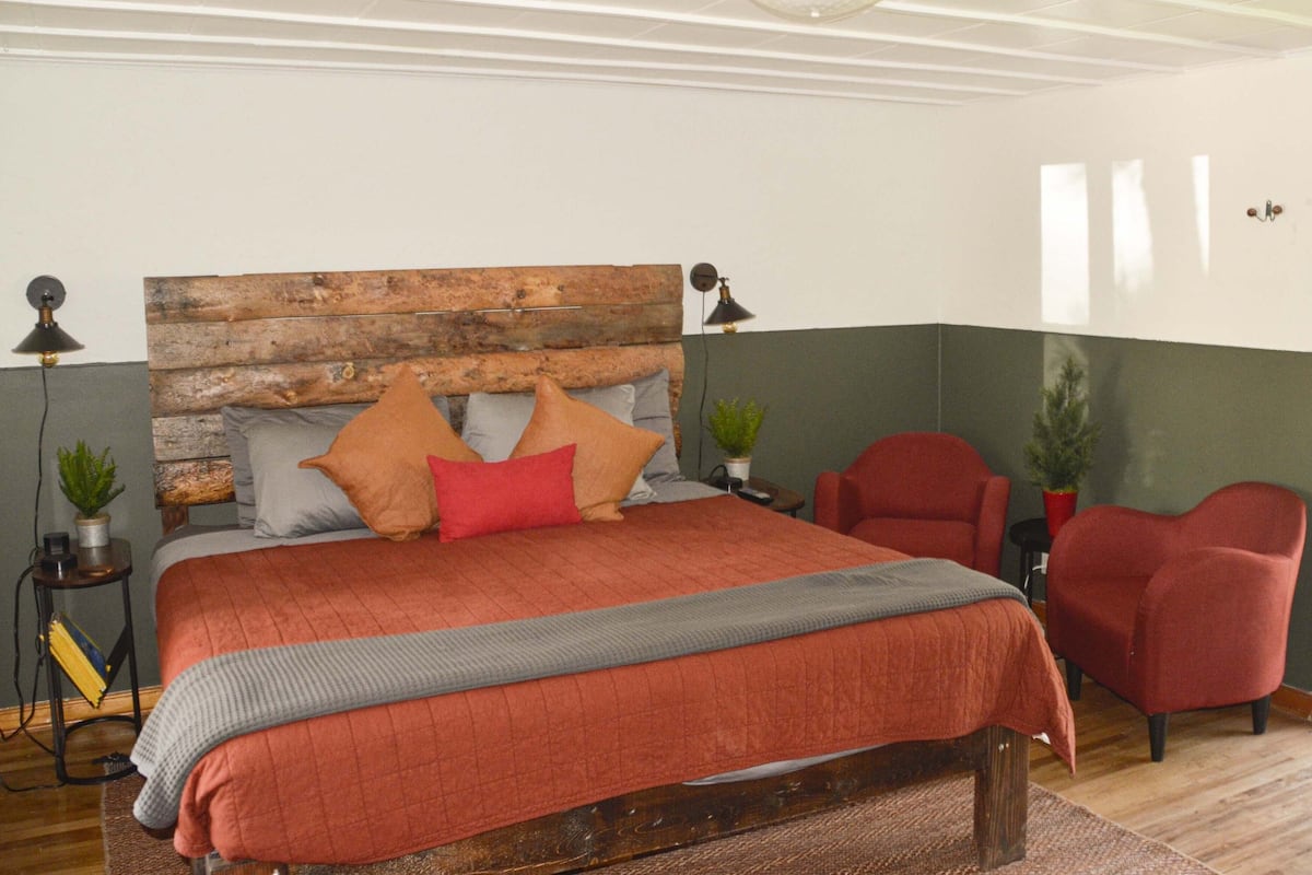 A bedroom with a wooden headboard, a large bed with multiple pillows, a red chair, and two small potted plants.
