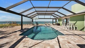 A covered outdoor swimming pool with a view of the beach and ocean. - Beach Amore | Ocean front | Pool | 365 Sunsets a Year (Englewood)