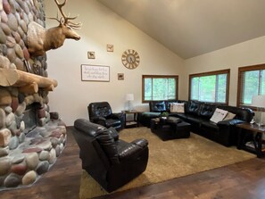 Smart TV, lareira, DVD player, livros