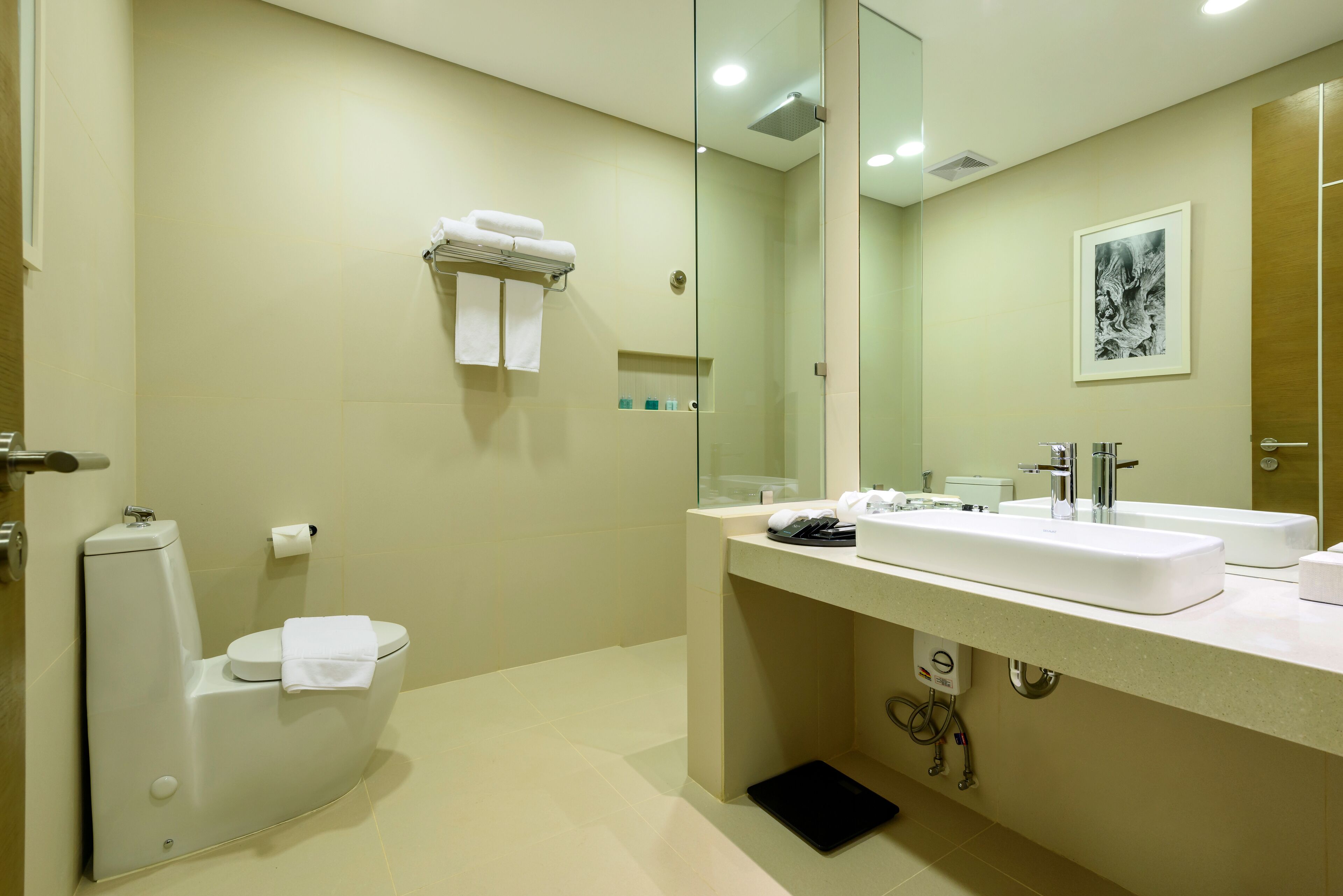 A modern bathroom with a toilet, sink, and mirror.