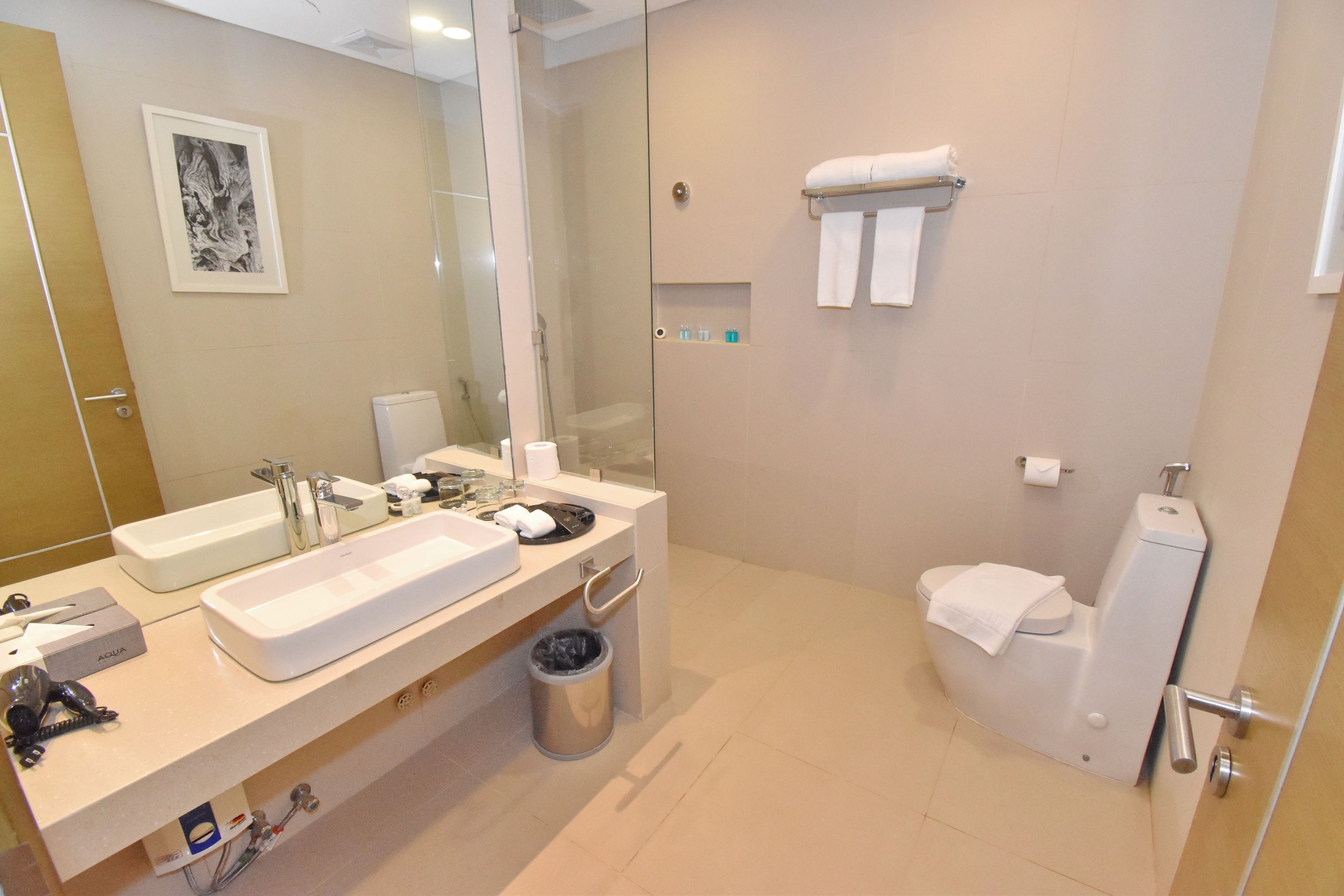 A modern bathroom with two sinks, a large mirror, a glass shower enclosure, and a toilet.