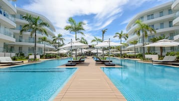 2 outdoor pools, open 7:00 AM to 9:00 PM, free cabanas, sun loungers