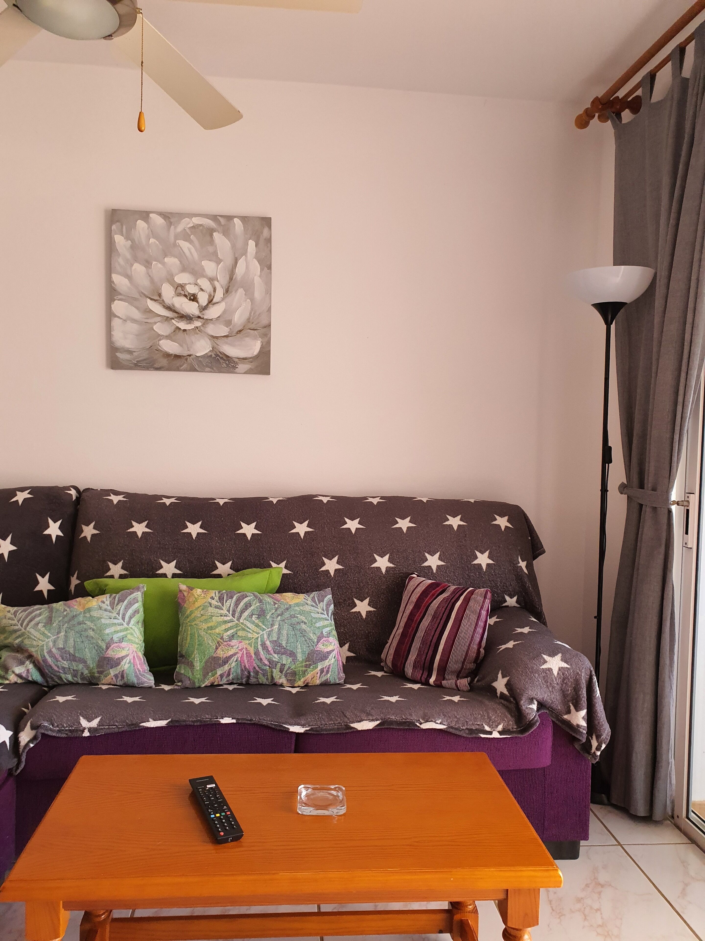 A living room with a sofa featuring a star pattern, a painting of a flower, a lamp, and a table with a remote control.