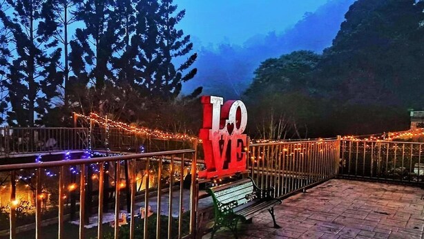 A balcony with a 'LOVE' sign, surrounded by trees and string lights. - Yushow Library Villa (Nanzhuang)