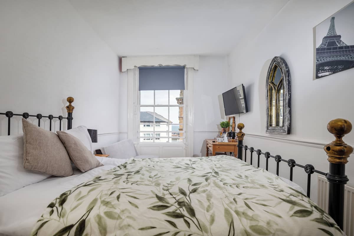 Une chambre à coucher avec un lit, une fenêtre, un téléviseur et un miroir.