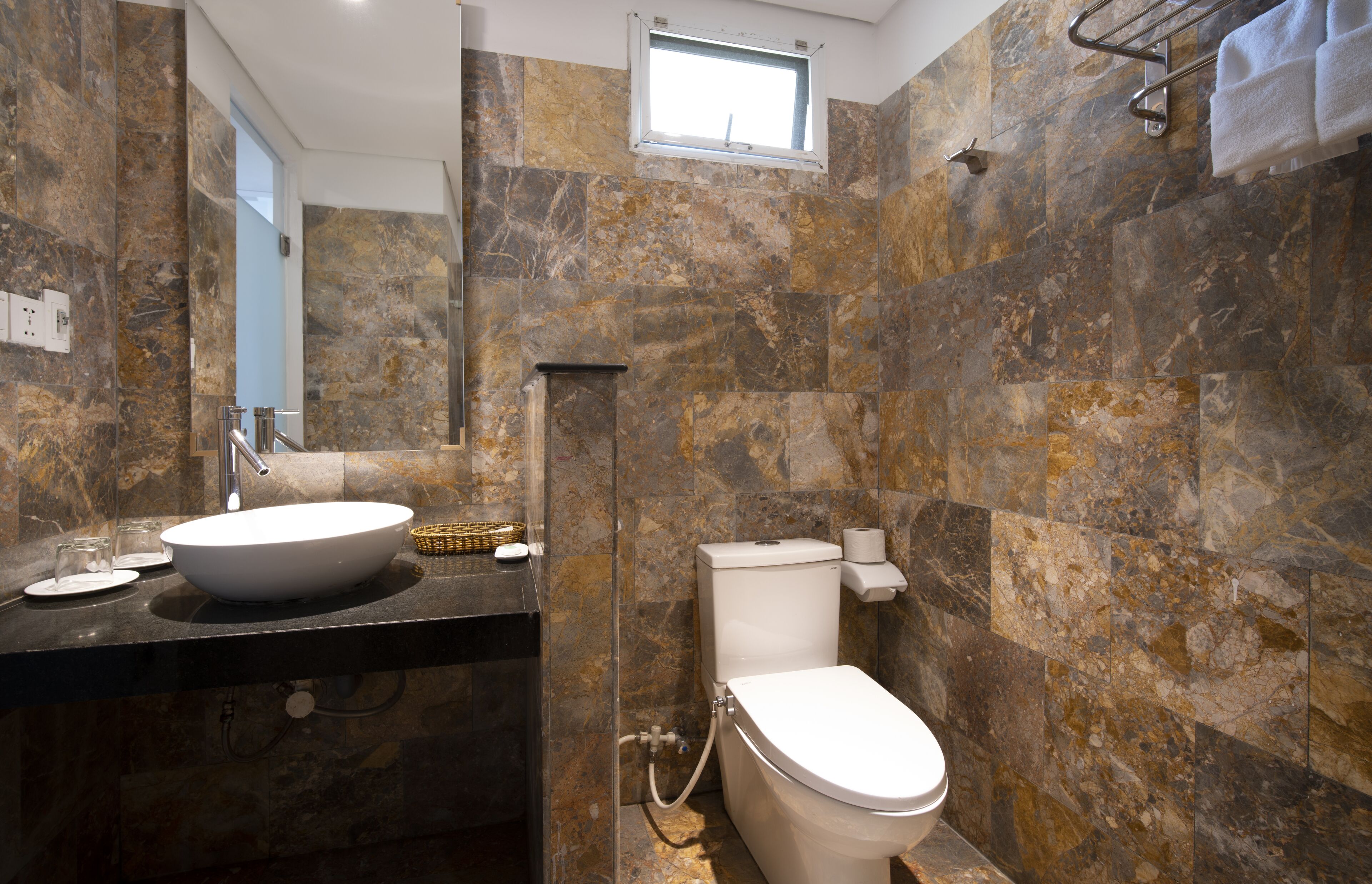 free toiletries, hair dryer, slippers, towels