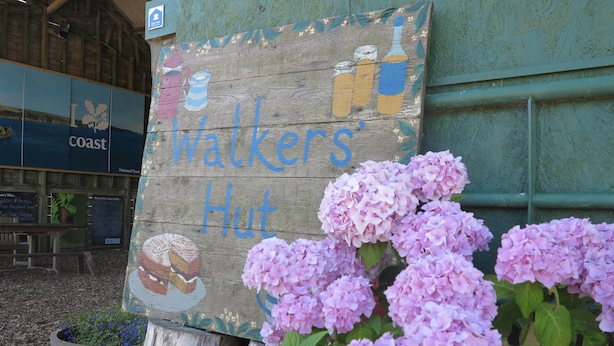 Un panneau en bois sur lequel est peint l’inscription « Walkers Hut », entouré de fleurs d’hortensia roses.