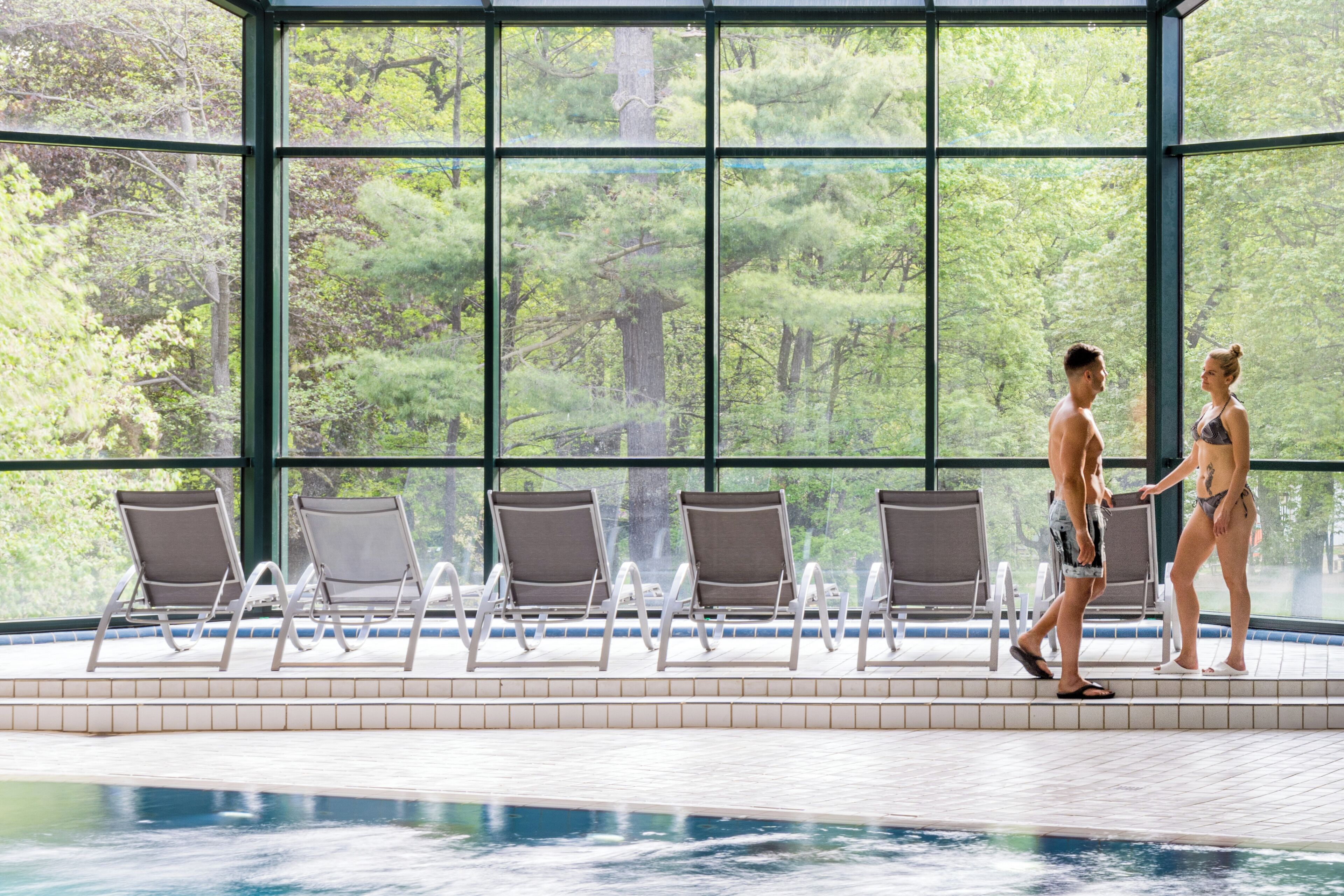 Una piscina interior con paredes de vidrio transparente, rodeada de sillas de descanso y vistas a una zona boscosa.