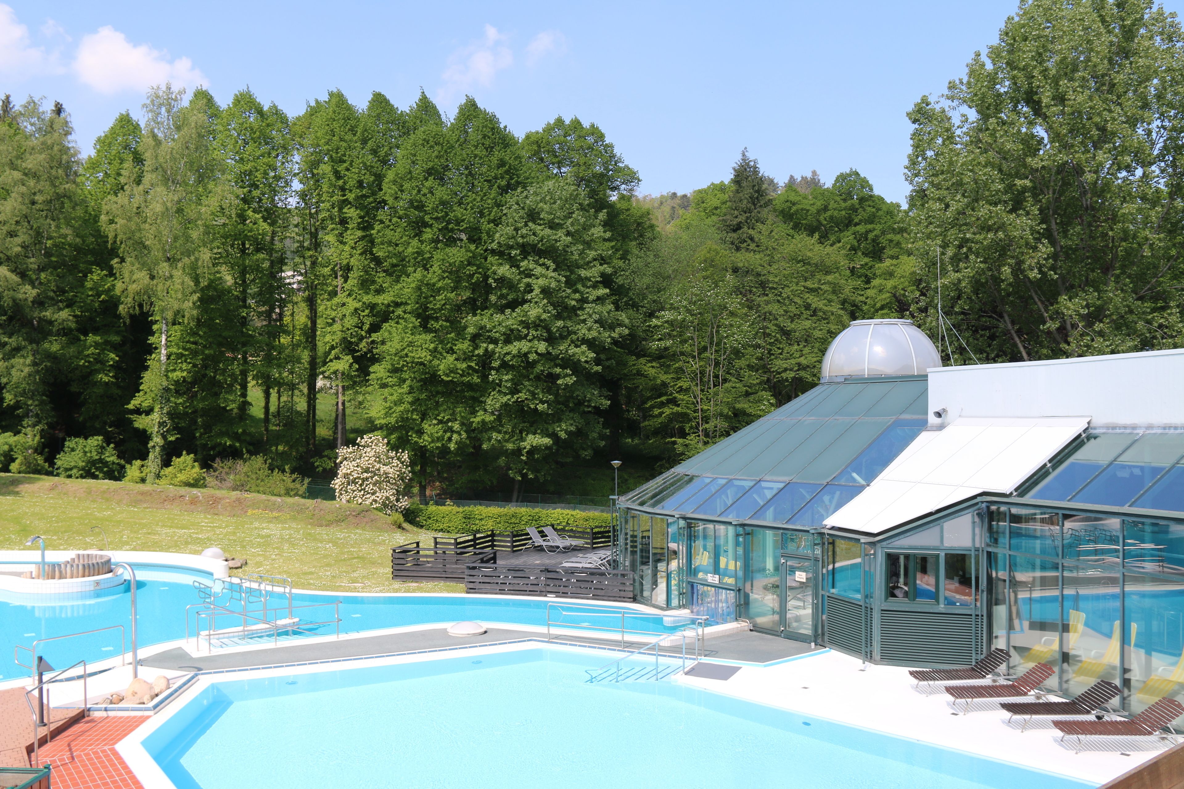 Una piscina con un área de descanso cubierta por cristal, rodeada de árboles.