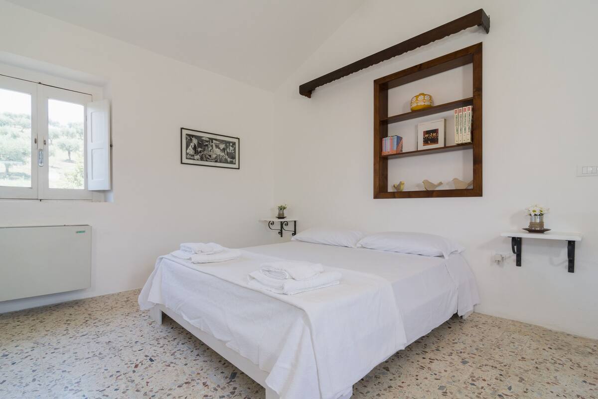 Une chambre à coucher comprenant un lit, une fenêtre, un radiateur, une étagère avec des livres et des objets décoratifs, et un tableau encadré accroché au mur.