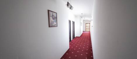 A hallway with a red carpet, white walls, and a ceiling light fixture.