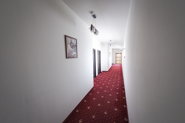 A hallway with a red carpet, white walls, and a ceiling light fixture.
