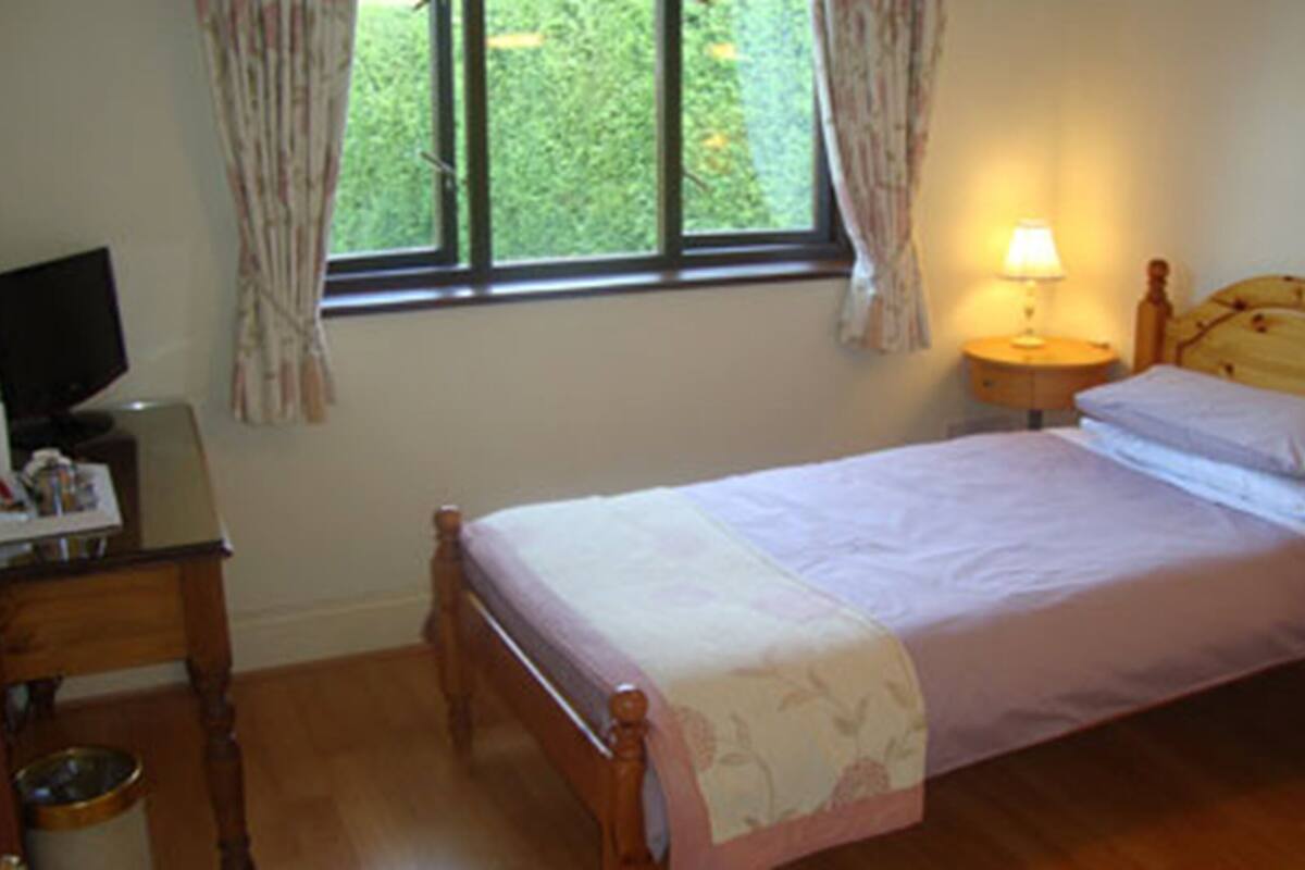 A bedroom with a bed, a bedside table, a lamp, a television, and a window with curtains.
