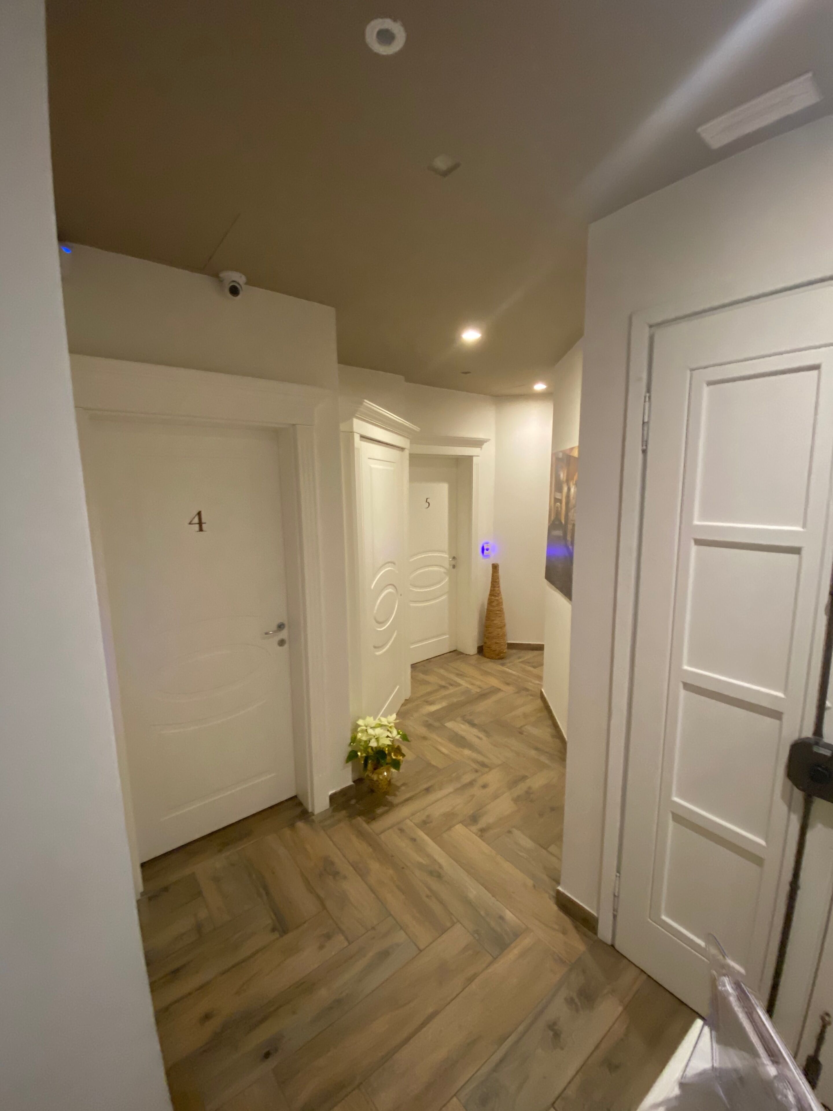A hallway with wooden flooring, white walls, and doors numbered 4 and 5.