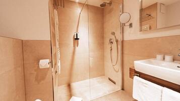 A modern bathroom with a glass-enclosed shower, a large sink, and a mirror above the vanity.