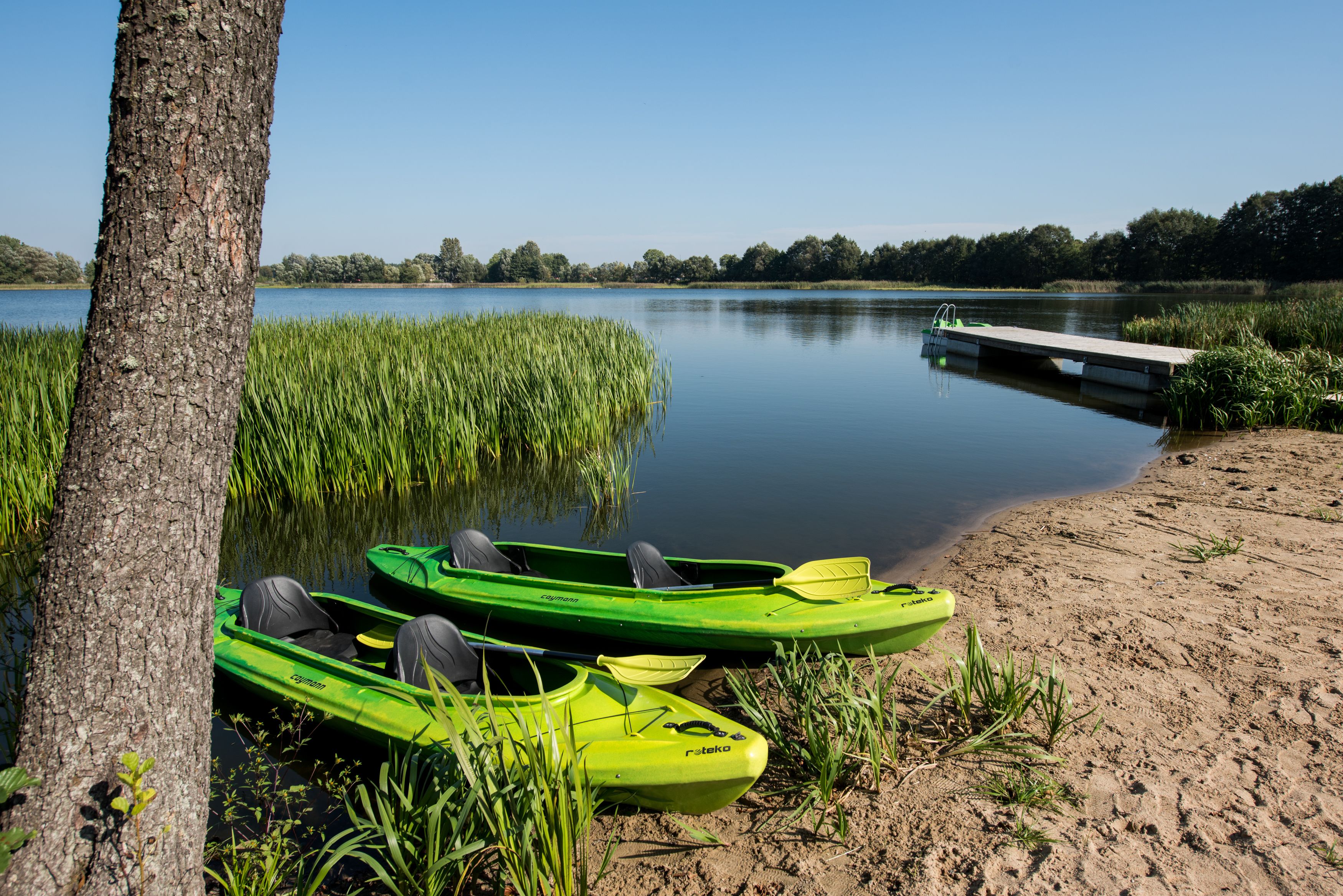 Kayaks amarrados en un lago tranquilo con un muelle que se adentra en el agua.