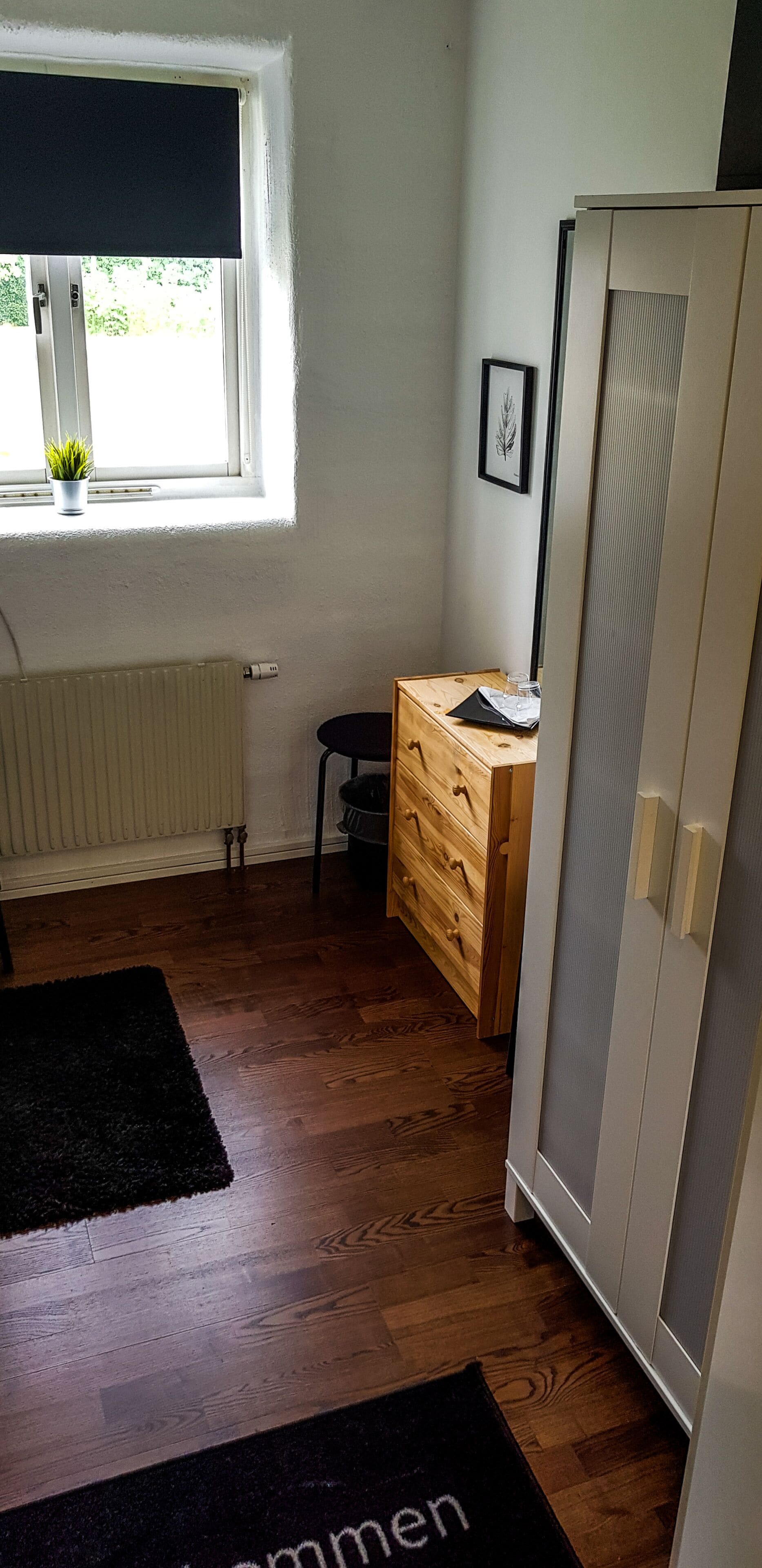 Une petite pièce bien éclairée, avec un plancher en bois, un radiateur, une fenêtre avec une plante, un bureau avec des tiroirs et une armoire.