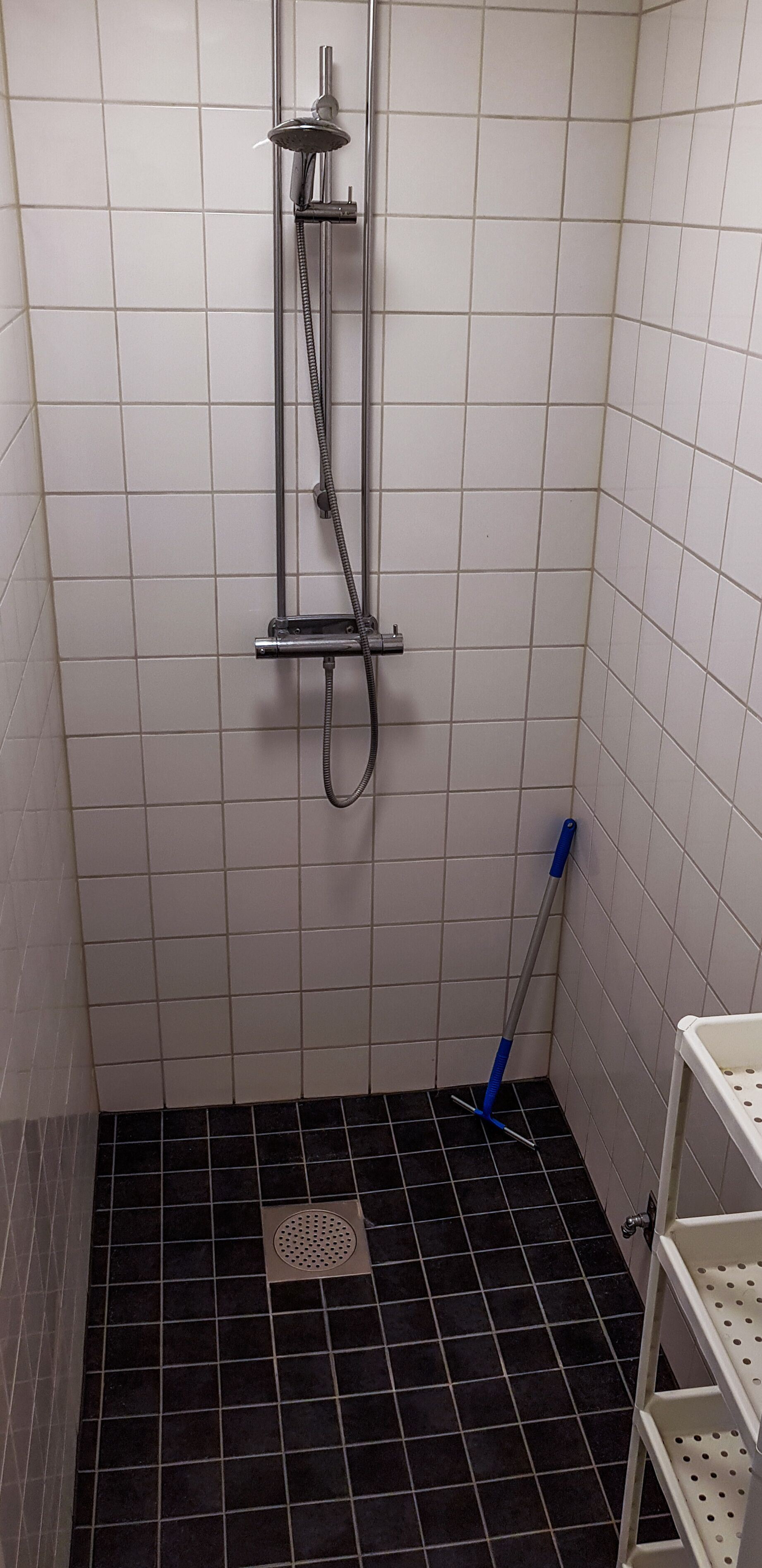 Ein kleiner Duschbereich mit gefliestem Boden, einer Handbrause, einem Abfluss und einem Mopp, der an der Wand lehnt.
