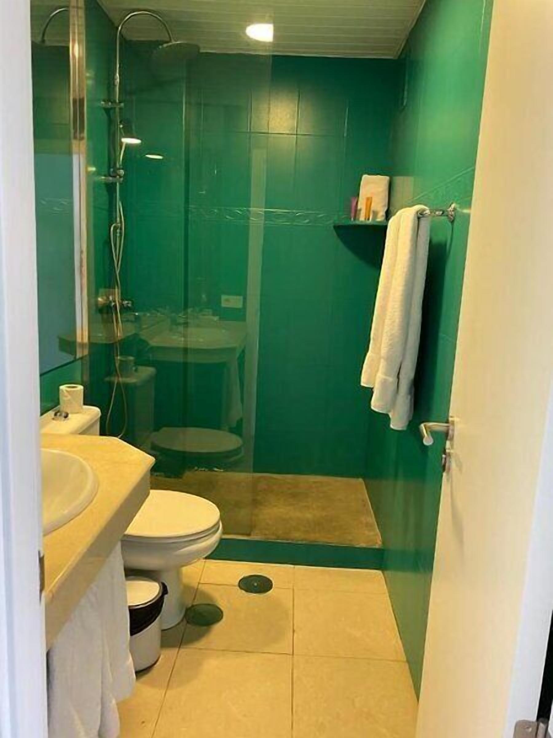A bathroom with a green wall, a white sink, a toilet, and a shower.