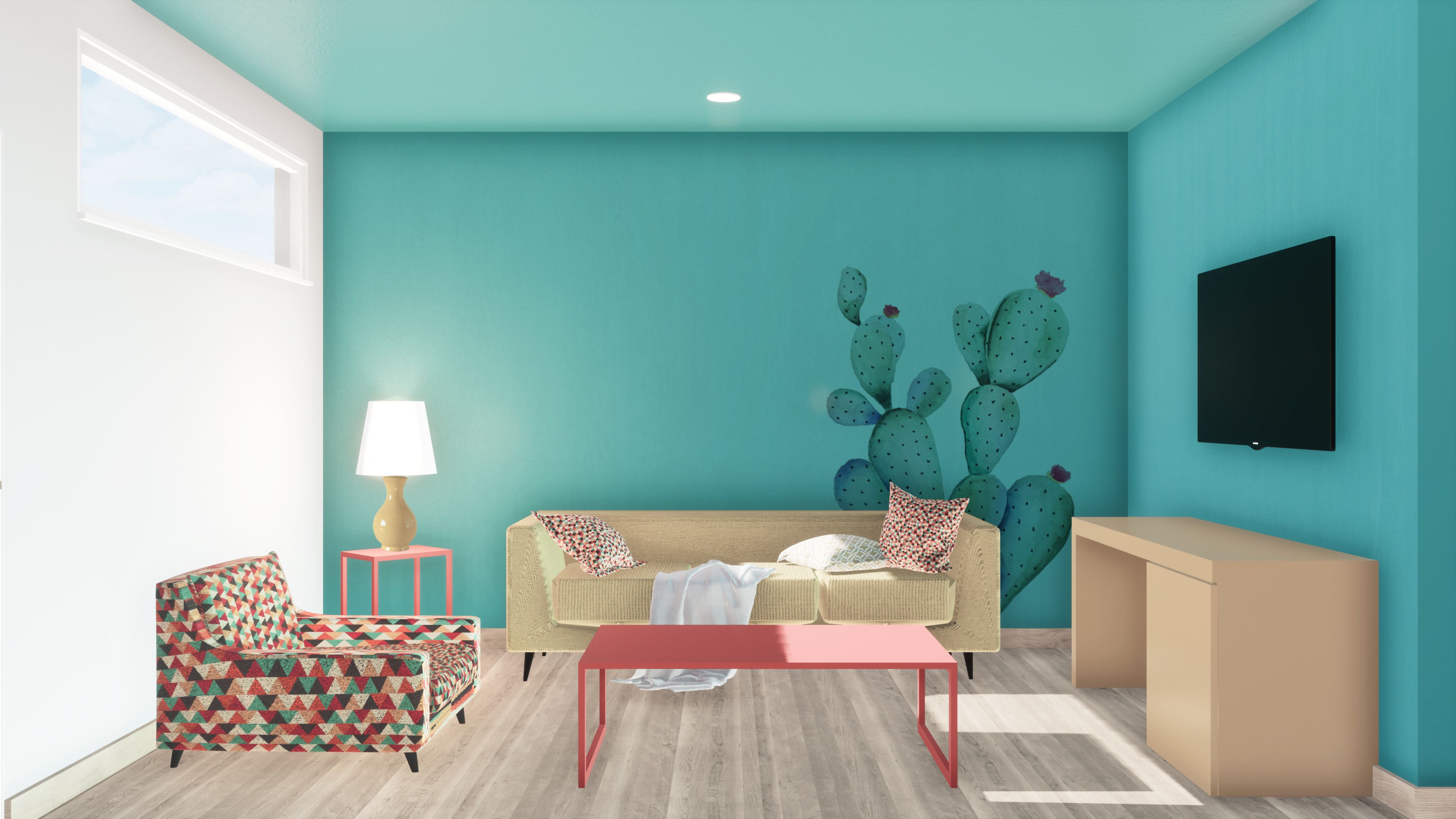 Una sala de estar con una pared verde azulada, un mural de cactus, un sofá, un sillón estampado, una mesa roja y una lámpara.
