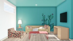 Un salon avec un mur de couleur turquoise, une fresque représentant des cactus, un canapé, un fauteuil à motifs, une table rouge et une lampe.