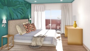 Une chambre à coucher comprenant un lit, une table de chevet, une lampe, une fenêtre avec des rideaux et une vue sur l’extérieur.