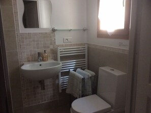 Shower, towels, shampoo, toilet paper