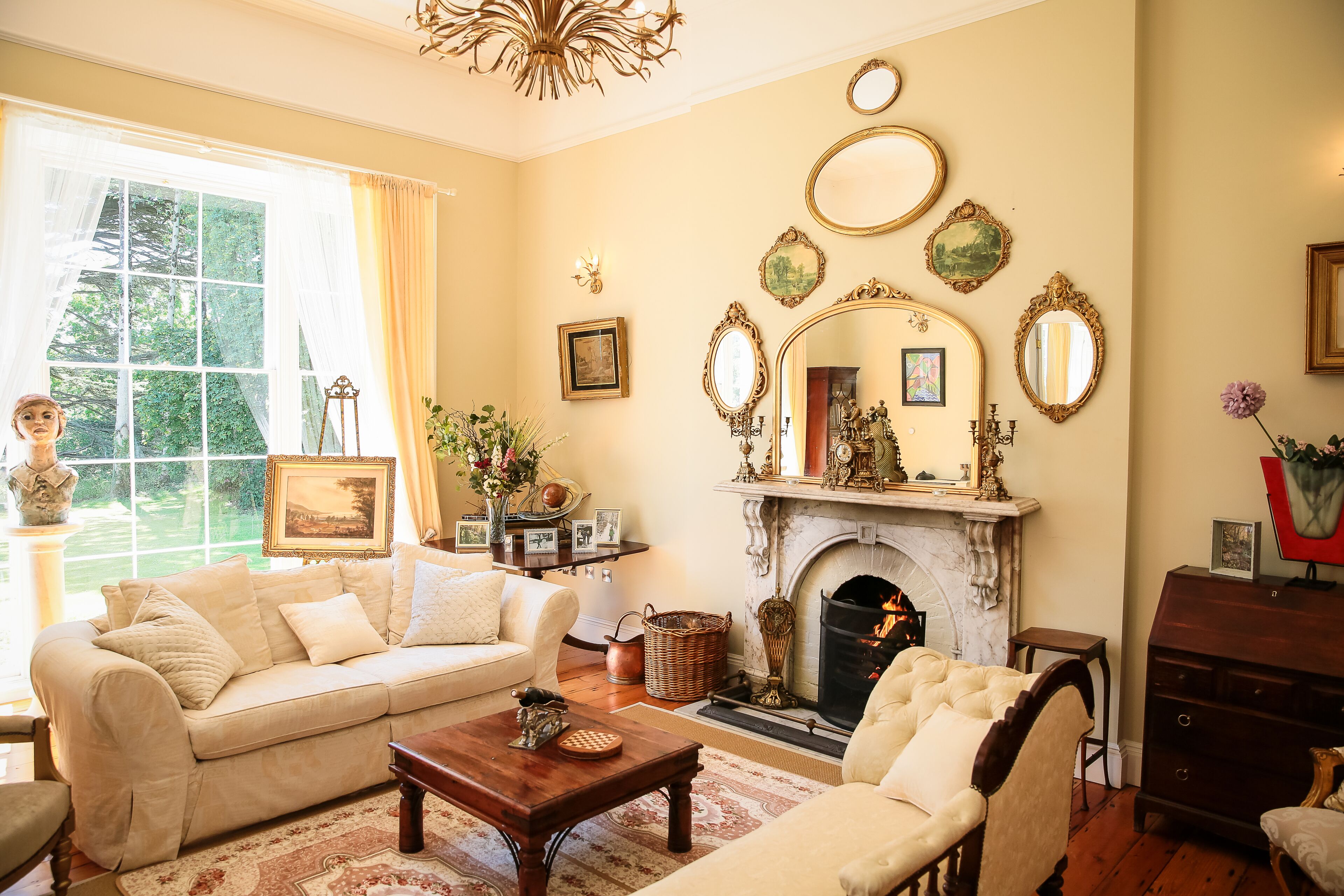 TV connectée, cheminée, livres, vidéothèque