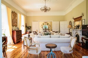 Smart TV, fireplace, books, video library