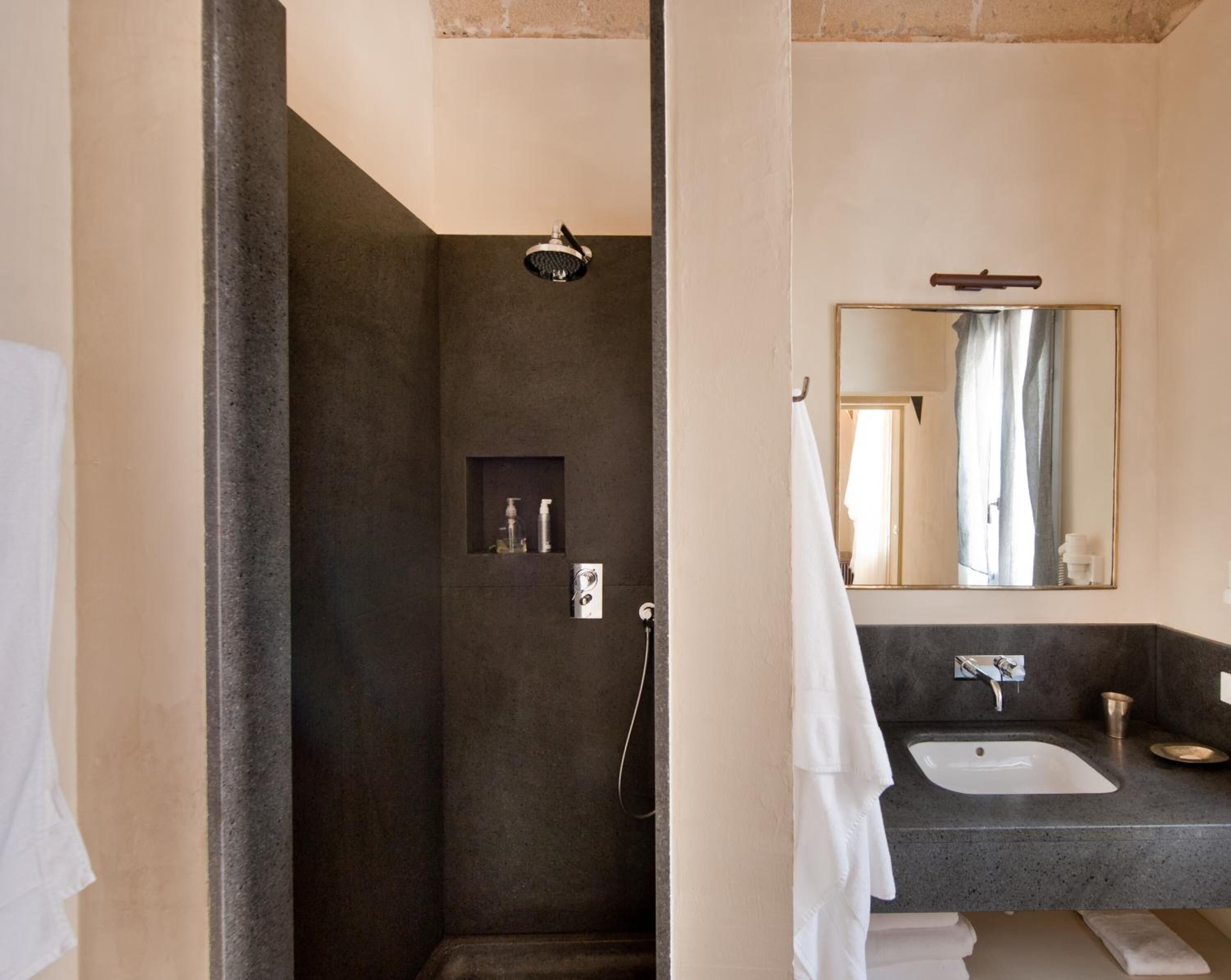 Een badkamer met een douche, een wastafel en een spiegel.