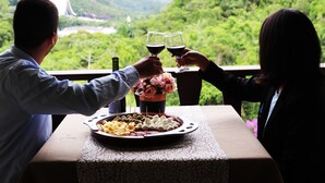 Una pareja brindando con copas de vino en una mesa con una tabla de embutidos, con vistas a un exuberante paisaje verde.