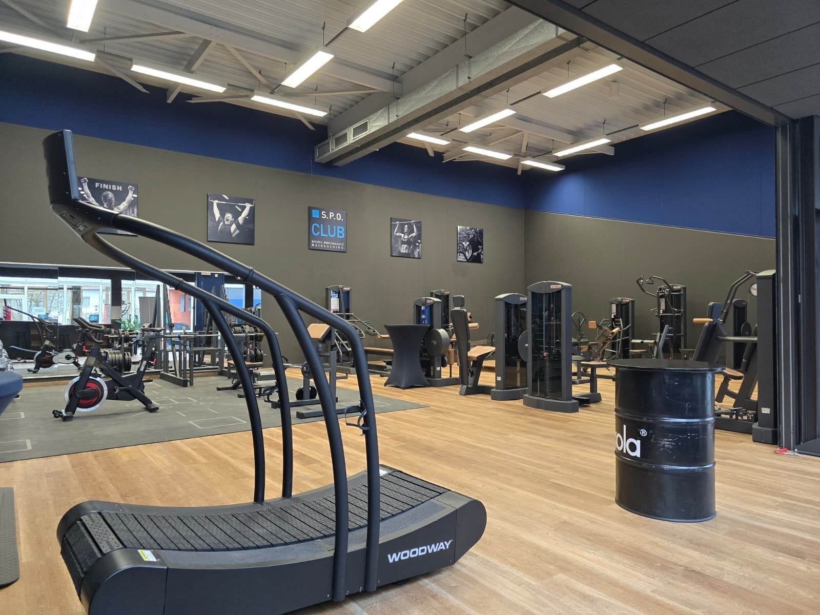 A gym with treadmills, weight machines, and a mirrored wall.