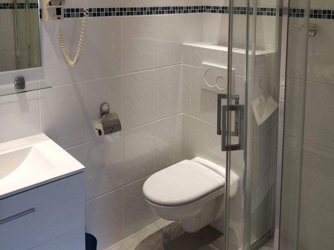 A bathroom with a toilet, a glass shower enclosure, a sink, and a mirror.
