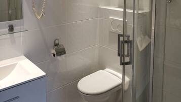 A bathroom with a toilet, a glass shower enclosure, a sink, and a mirror.