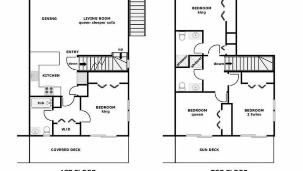 A floor plan of a 1st and top floor apartment at 3990 Island Drive, featuring a covered deck, sun deck, dining area, living room with a queen sleeper sofa, kitchen, two bedrooms labeled 'king' and 'queen', and a bathroom.
