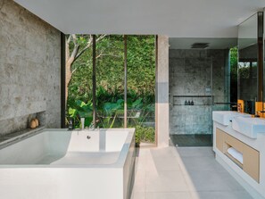 Garden Pool Villa | Bathroom | Separate bathtub and shower, rainfall showerhead, free toiletries
