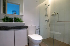 Hair dryer, towels, shampoo, toilet paper