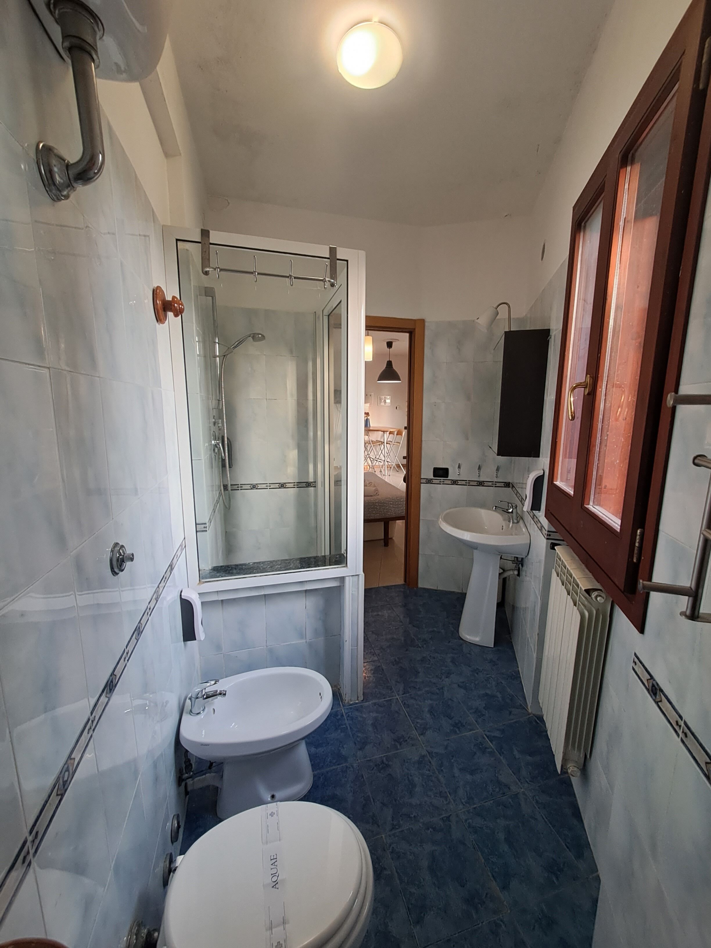 A bathroom with a glass-enclosed shower, a white sink, and a toilet.