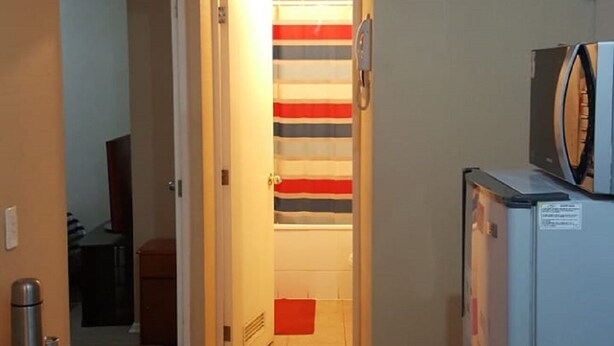 A narrow hallway with a striped wall, a door leading to another room, and a compact kitchen area with a refrigerator and a microwave. - APARTAHOTEL DIARIO CONCEPCIÓN (Concepción)