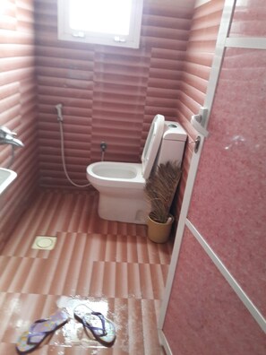Un baño pequeño con inodoro, bidé y zona de ducha.