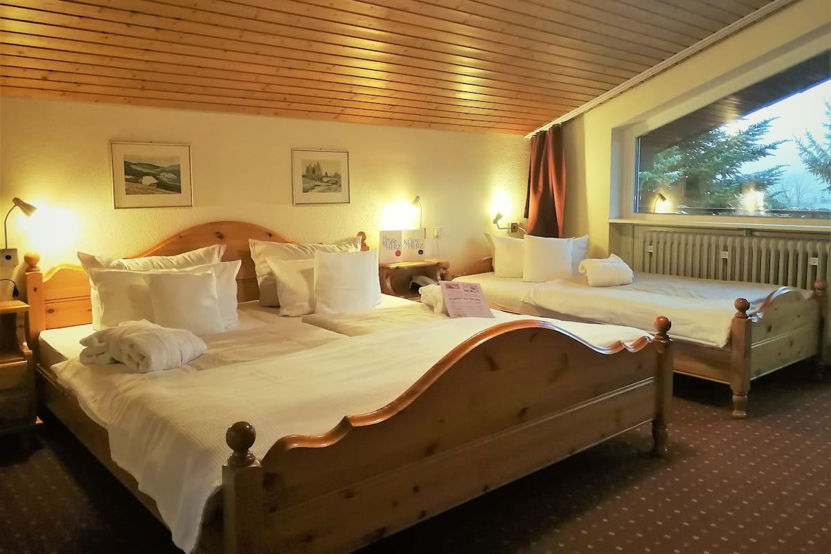 A hotel room with two wooden beds, a window with a view, and a radiator.
