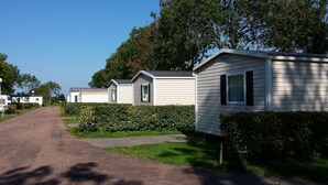 A row of mobile homes with a paved driveway leading to them, surrounded by greenery and trees. - Camping Le Mont Joli Bois (Criel-sur-Mer)