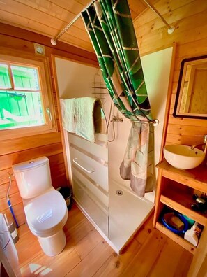 Shower, hair dryer, towels, toilet paper