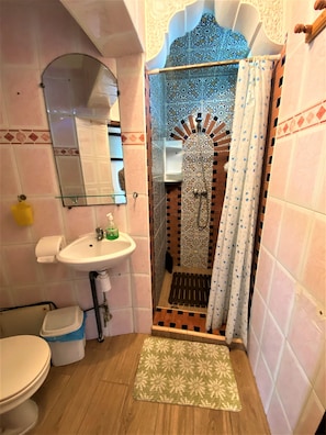 A bathroom with a sink, toilet, shower, and a patterned floor mat. - Dar Statia 3 (El Jadida)