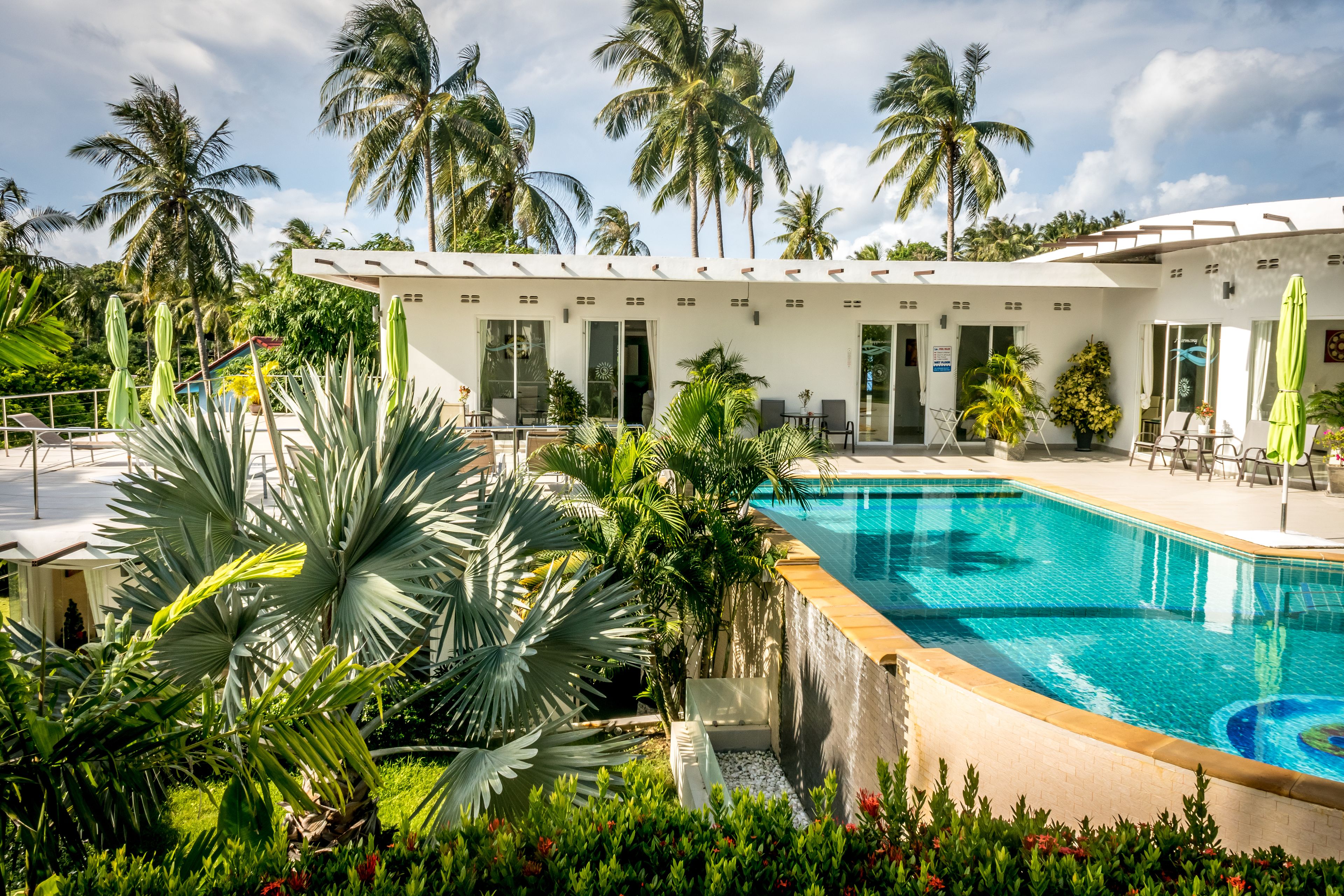 A poolside area with a pool, palm trees, and a building with a white facade and large windows.