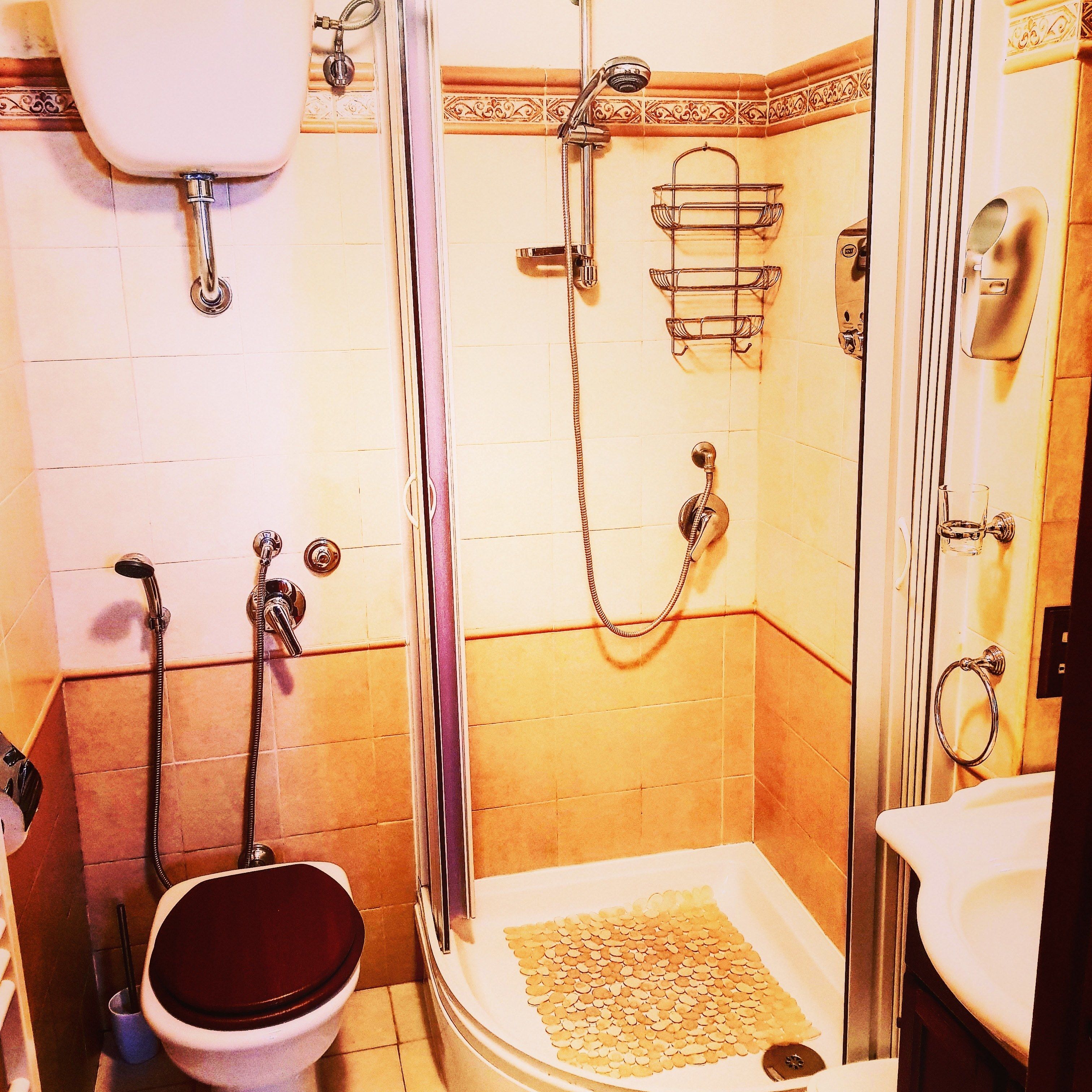 A bathroom with a toilet, a shower, and a sink.