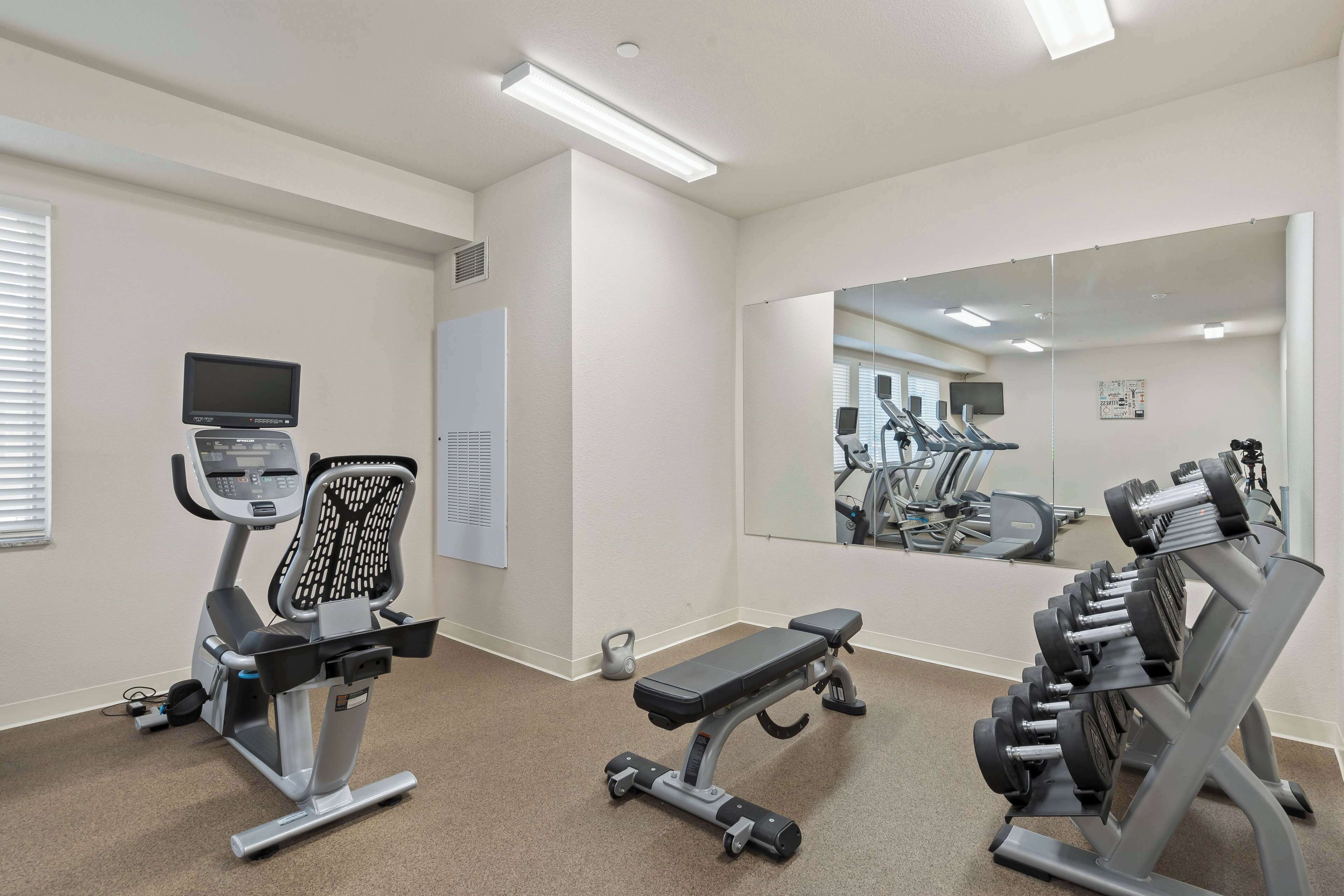 Une salle de sport équipée de matériel d’exercice, d’un tapis de course, de poids et d’un miroir.
