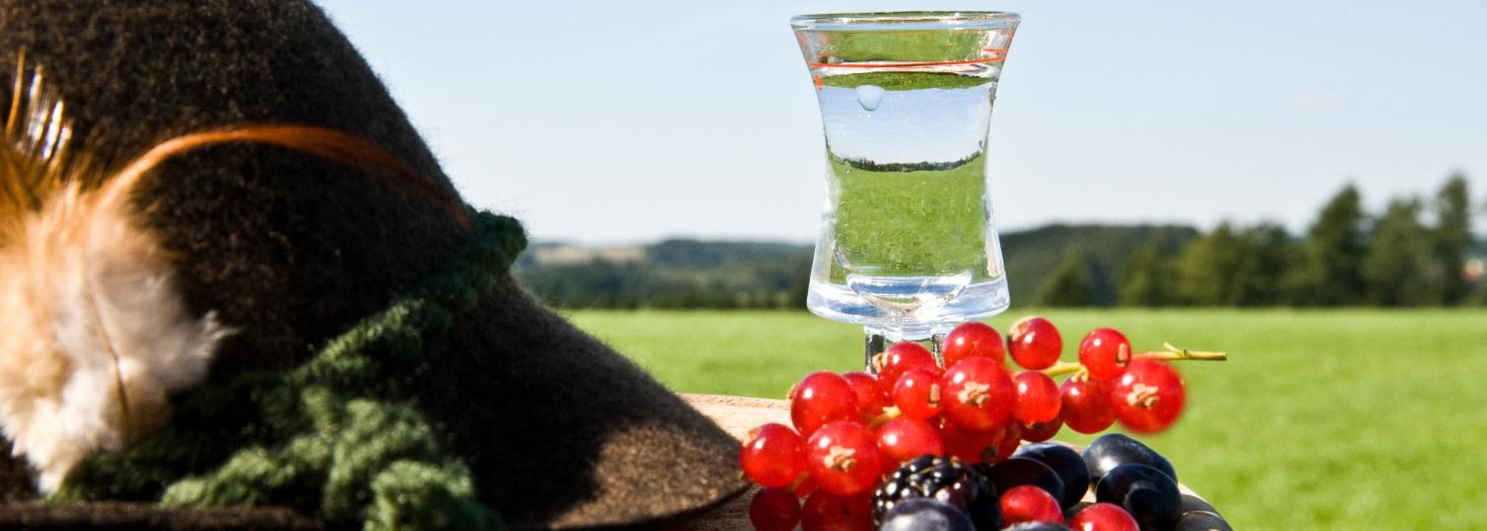 Un verre d’eau transparent, une grappe de raisins rouges et une grappe de mûres sur une surface en bois.