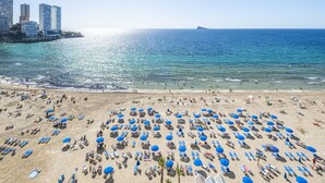 A beach with numerous blue umbrellas and sun loungers, a clear blue sea, and buildings in the background. - Veracruz 11-B (Benidorm)