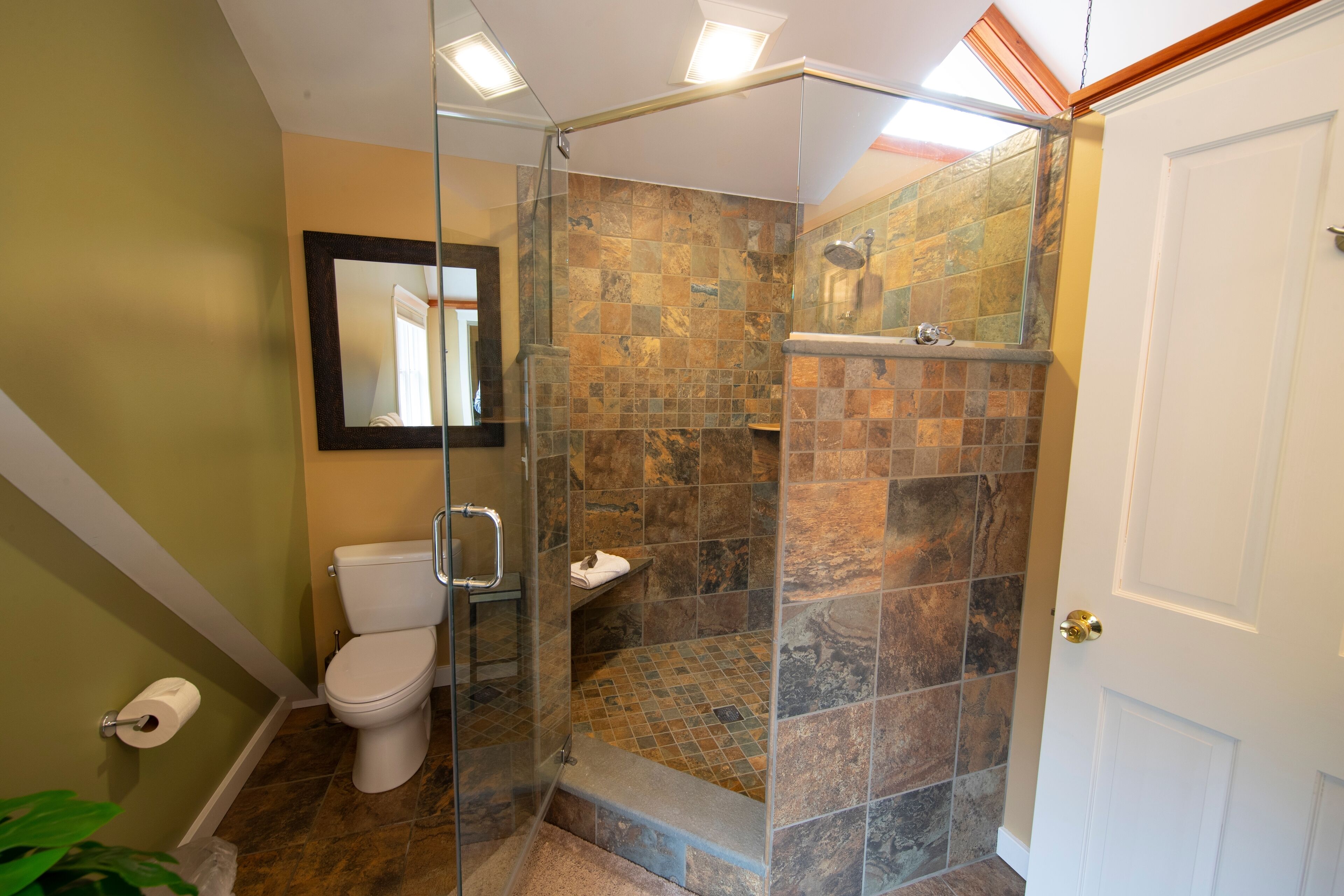 A bathroom with a glass-enclosed shower, a toilet, and a mirror on the wall.